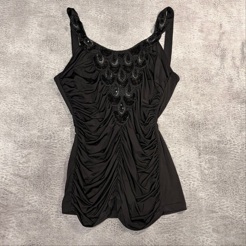 Vintage Black Ruched Embellished Tank Top